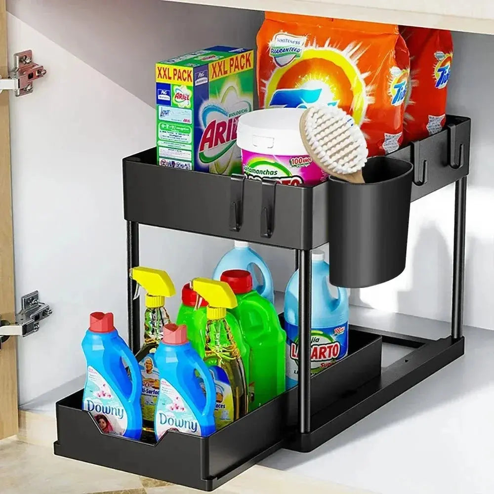 2 Tier Under Sink Organizer Sliding Cabinet Basket Organizer Storage Rack with Hooks Hanging Cup Bathroom Kitchen Organizer Zenn Organics Inc