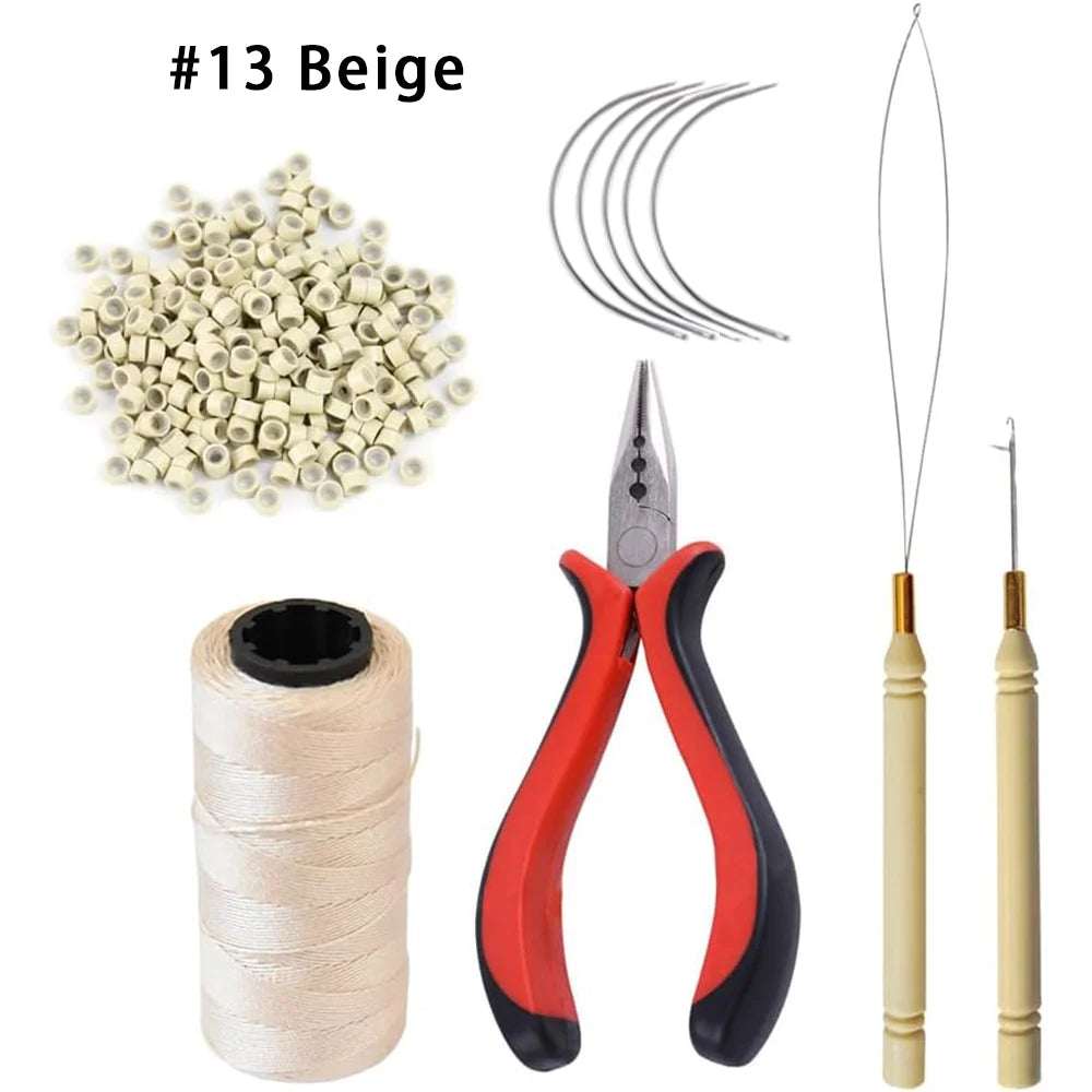 Hair Extensions Tool Kit: 1 three hole hair clipper, 1 roll sewing thread, 1 crochet hook, 5 sewing needles, 1 bead machine, 250 Zenn Organics Inc