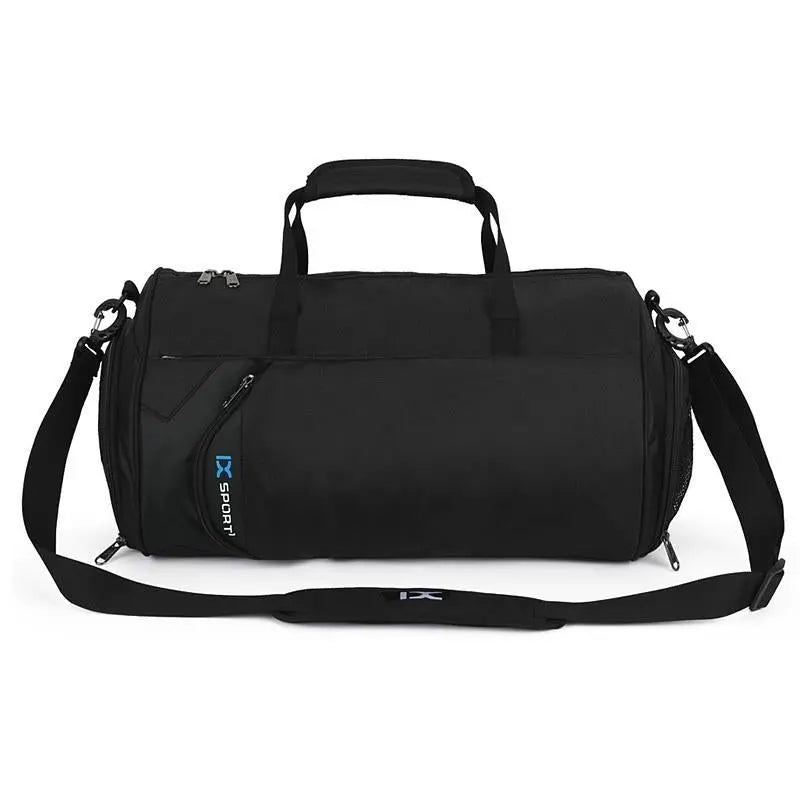 Men's Gym and Travel Duffel Bag by Fitness-6, showing durable black fabric with adjustable shoulder strap and multiple compartments.