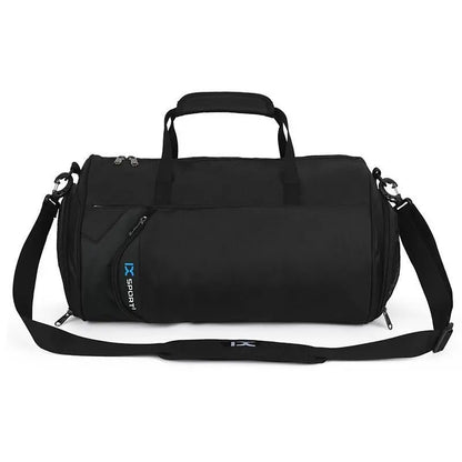 Men's Gym and Travel Duffel Bag by Fitness-6, showing durable black fabric with adjustable shoulder strap and multiple compartments.