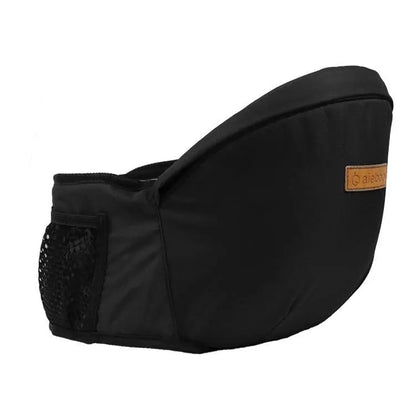 Baby Essentials-4 baby hip seat carrier with comfortable waist belt, showing a parent wearing the ergonomic toddler carrying seat.