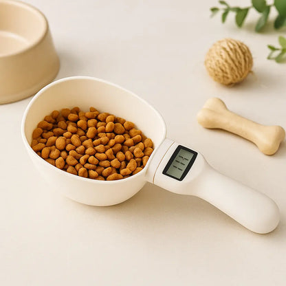 Smart Pet Food Measuring Scoop by Pet Essentials-11, white plastic scoop with measurement markings for precise pet food portions.