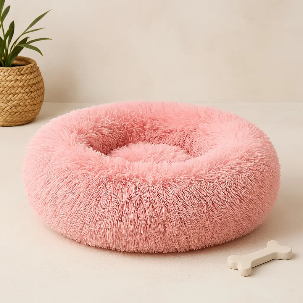 Soft Calming Donut Bed for dogs and cats by Pet Essentials-11, featuring plush fabric and raised edges for cozy comfort.