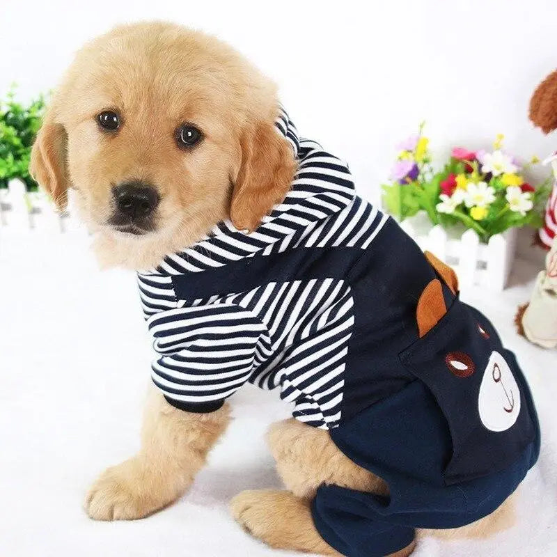 Pet Essentials-11 striped dog hoodie in winter outfit, featuring cozy fabric and colorful stripes for small dogs.