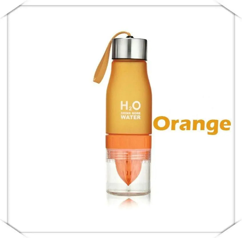 Fitness-6 H²O Fruit Infuser Water Bottle with colorful infuser tube and clear plastic body for flavored hydration.