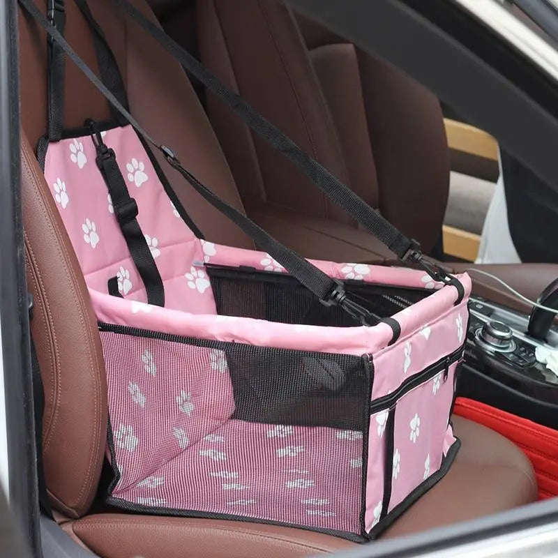 Foldable Pet Essentials-11 car hammock seat with secure straps, showing a comfortable pet resting on the waterproof, foldable pet car seat cover.