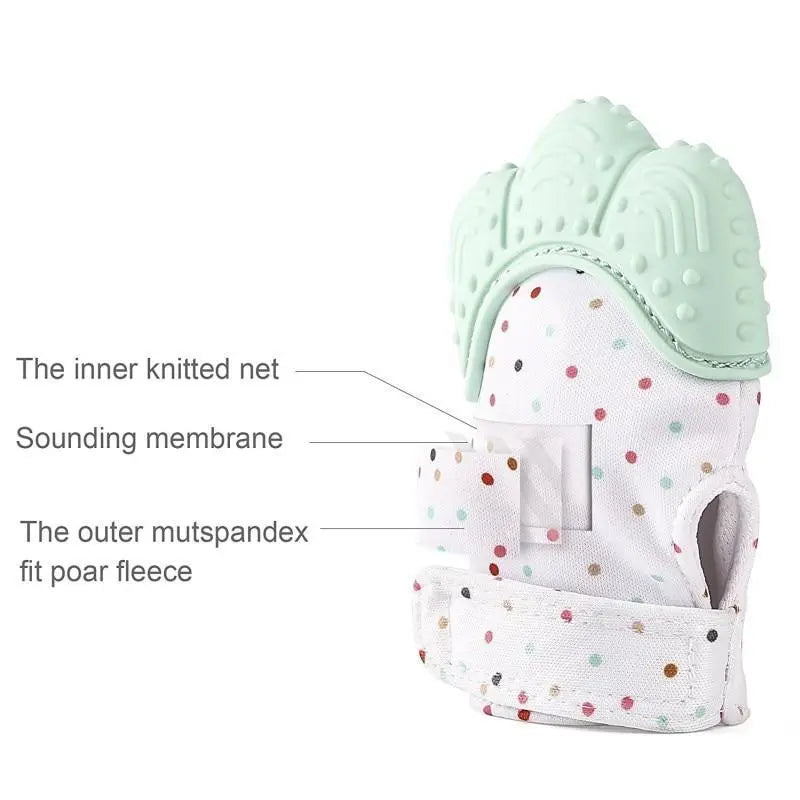 Baby Essentials-4 baby teething glove, soothing mitten toy with soft fabric and textured surface for teething relief.