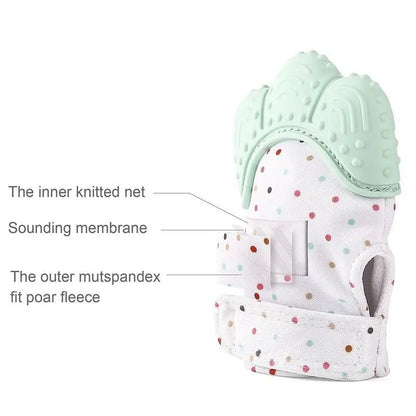 Baby Essentials-4 baby teething glove, soothing mitten toy with soft fabric and textured surface for teething relief.