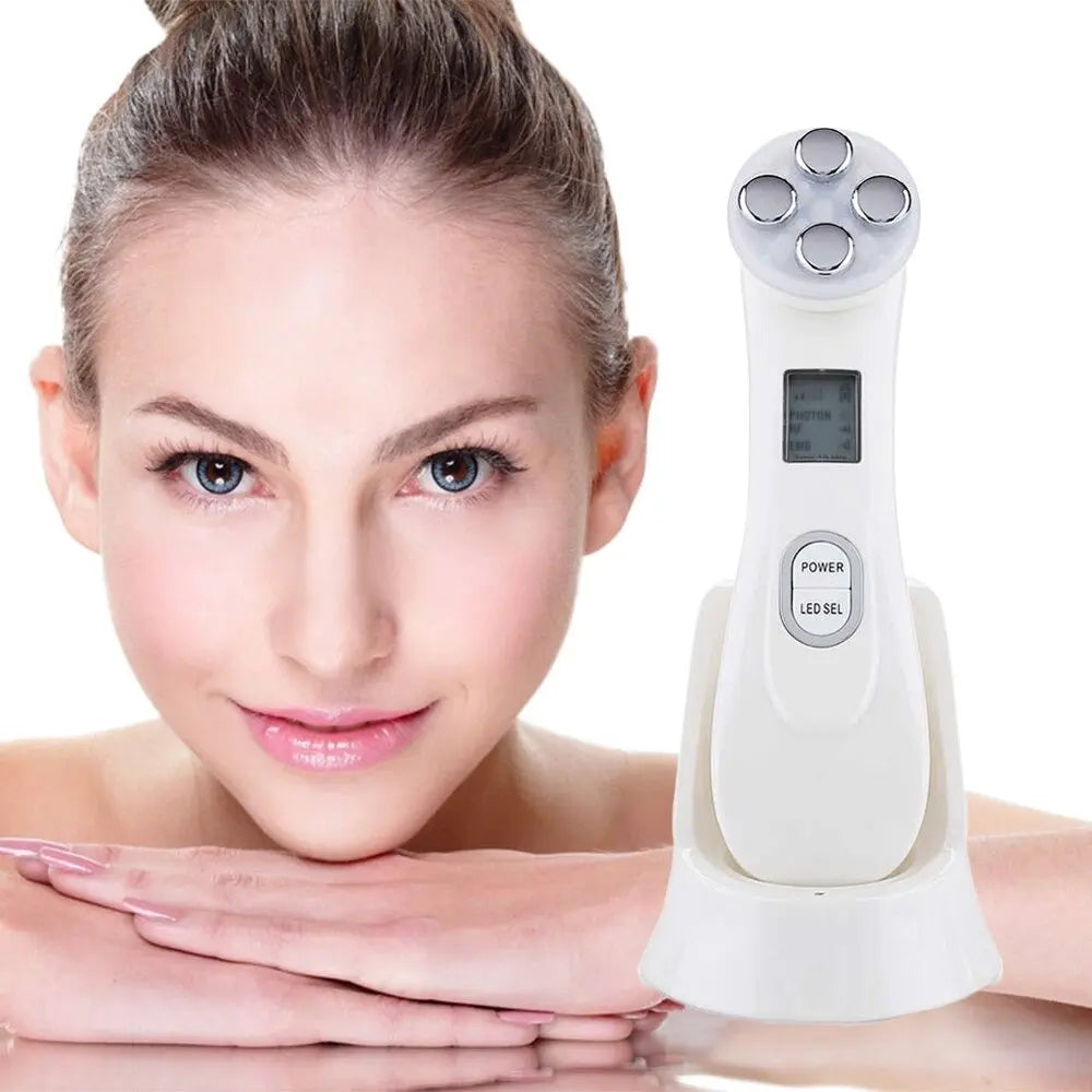 Health & Beauty-5 5-in-1 face massager device with multiple attachments for facial cleansing, lifting, and skin rejuvenation.