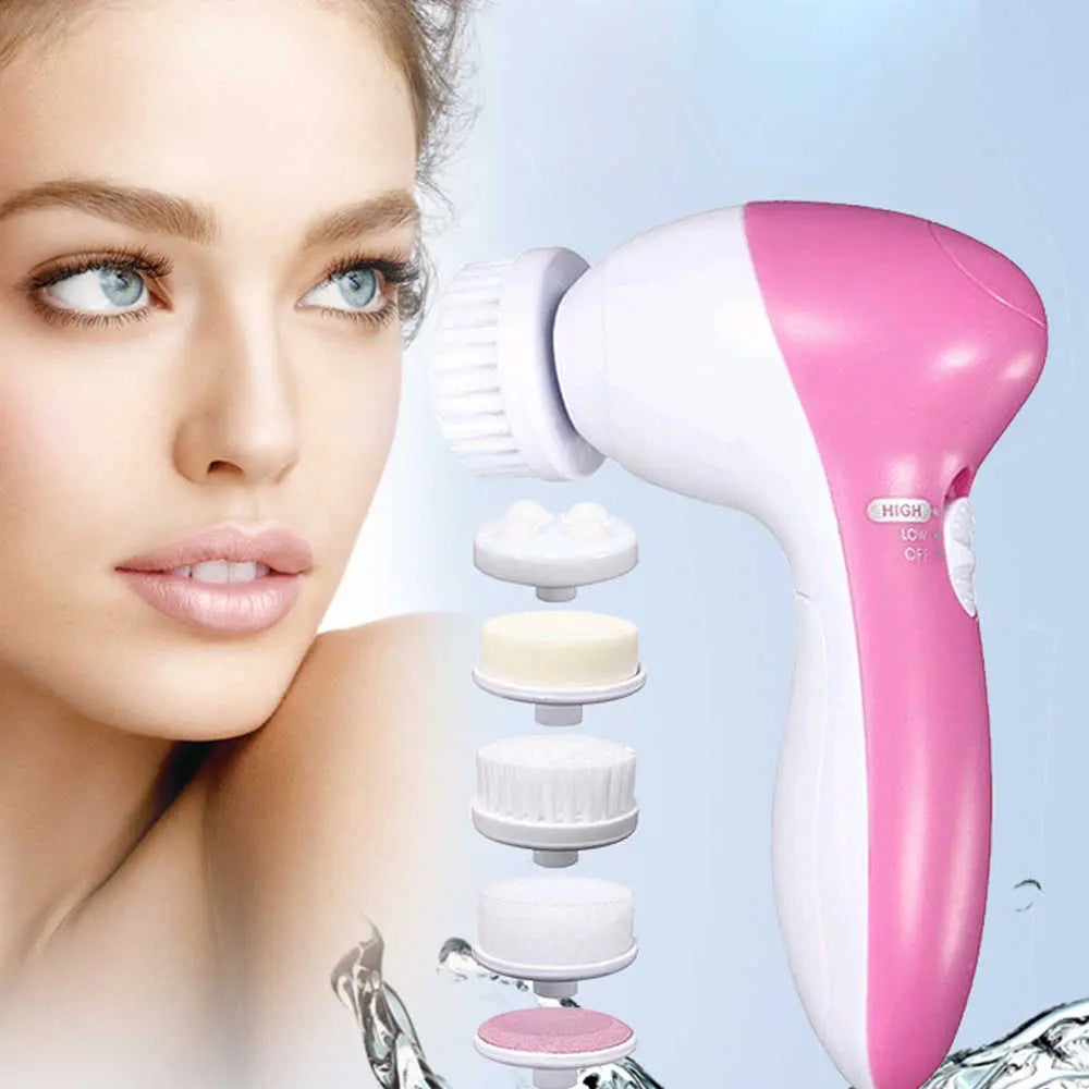 Health & Beauty-5 5-in-1 electric facial cleansing brush set with multiple attachments for face and body skin cleansing and massage.