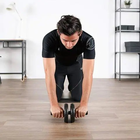Fitness-6 double wheel ab roller trainer with black handles and sturdy construction, designed for core workouts and abdominal exercises.