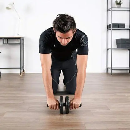 Fitness-6 double wheel ab roller trainer with black handles and sturdy construction, designed for core workouts and abdominal exercises.
