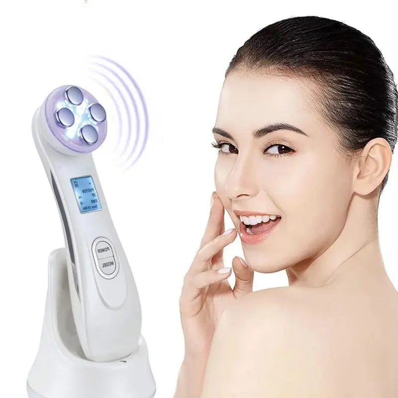 Health & Beauty-5 5-in-1 face massager device with RF, EMS, radio frequency, mesotherapy, and electroporation features.