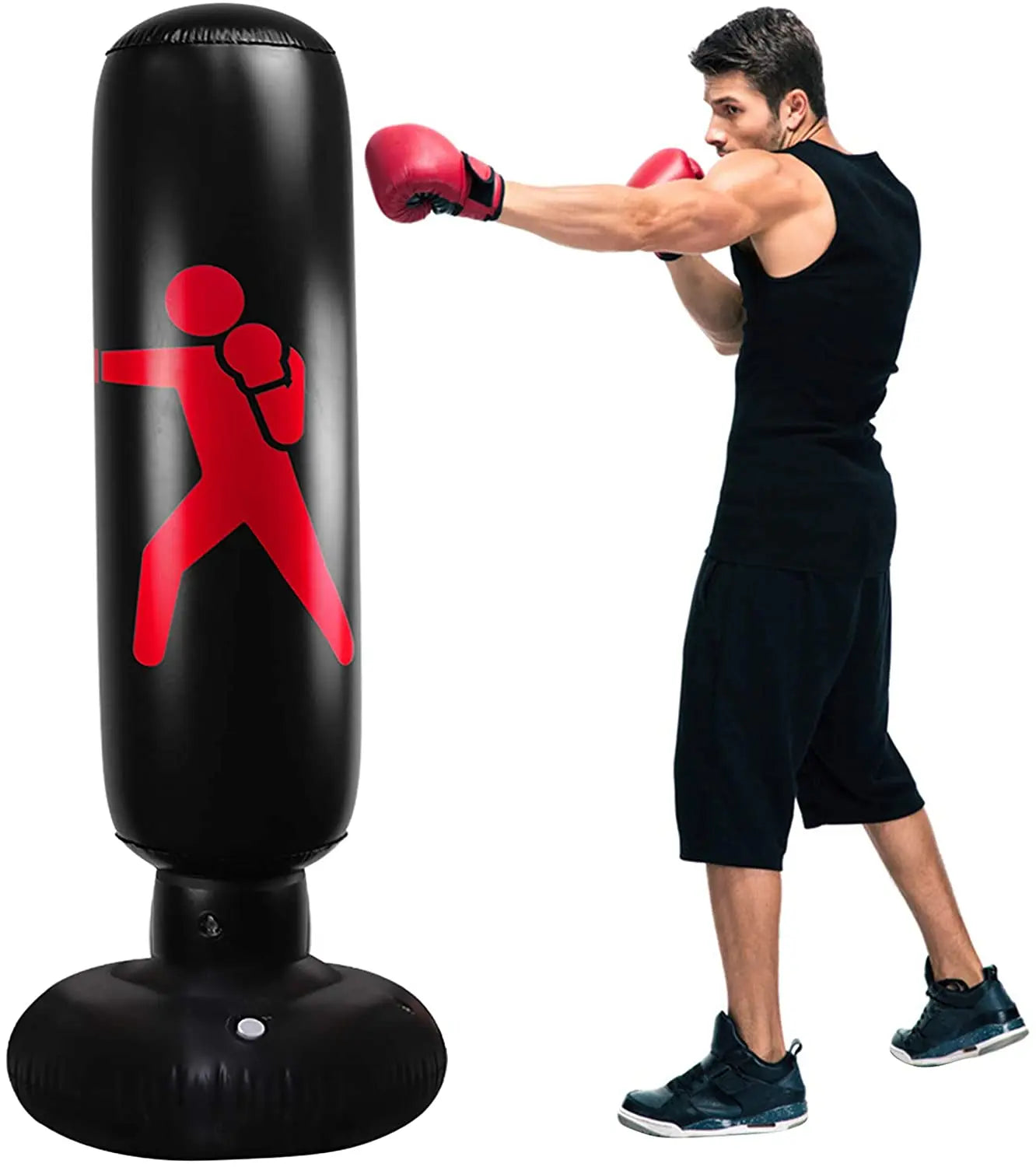 Fitness-6 inflatable punching bag trainer with colorful design, standing upright on a white background for boxing practice.