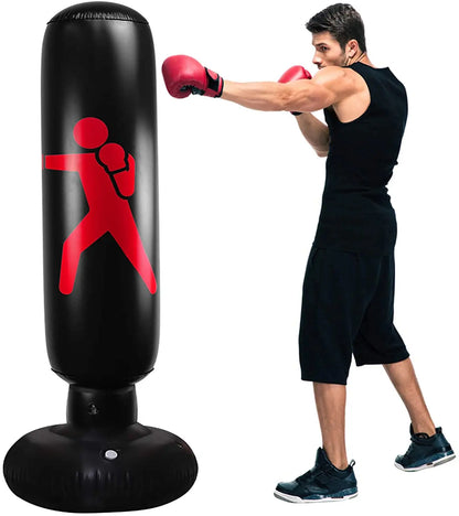 Fitness-6 inflatable punching bag trainer with colorful design, standing upright on a white background for boxing practice.