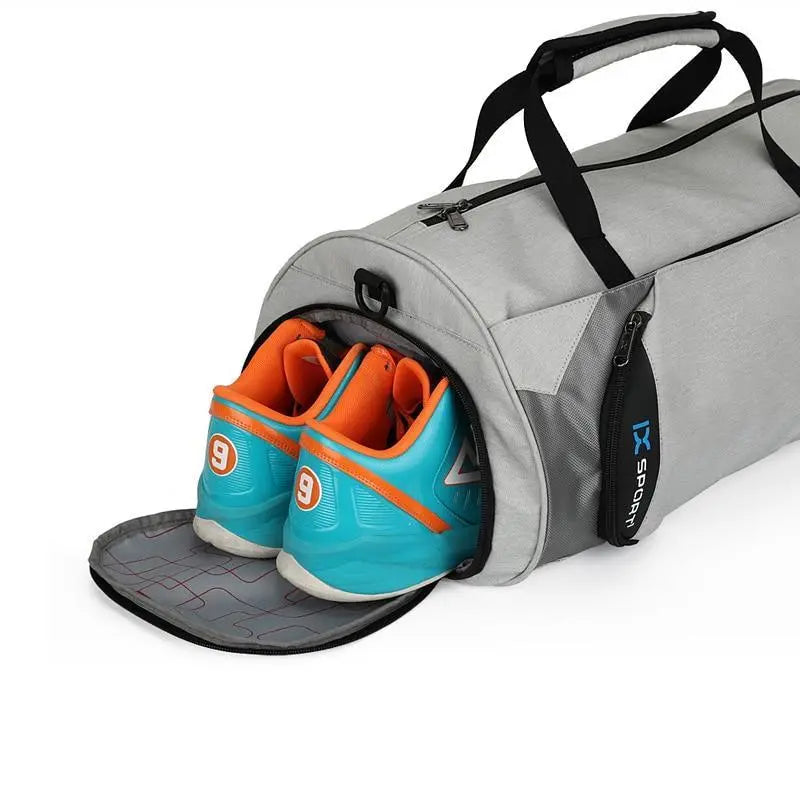 Fitness-6 men's gym and travel duffel bag in black with shoulder strap, showing multiple compartments and durable fabric.