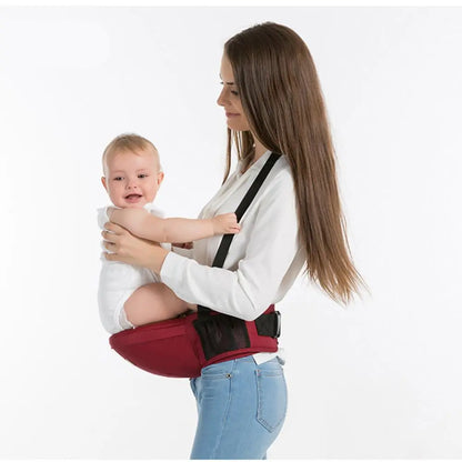 Baby Essentials-4 baby hip seat carrier with comfortable waist belt, showing the padded support and adjustable straps for parent and baby.