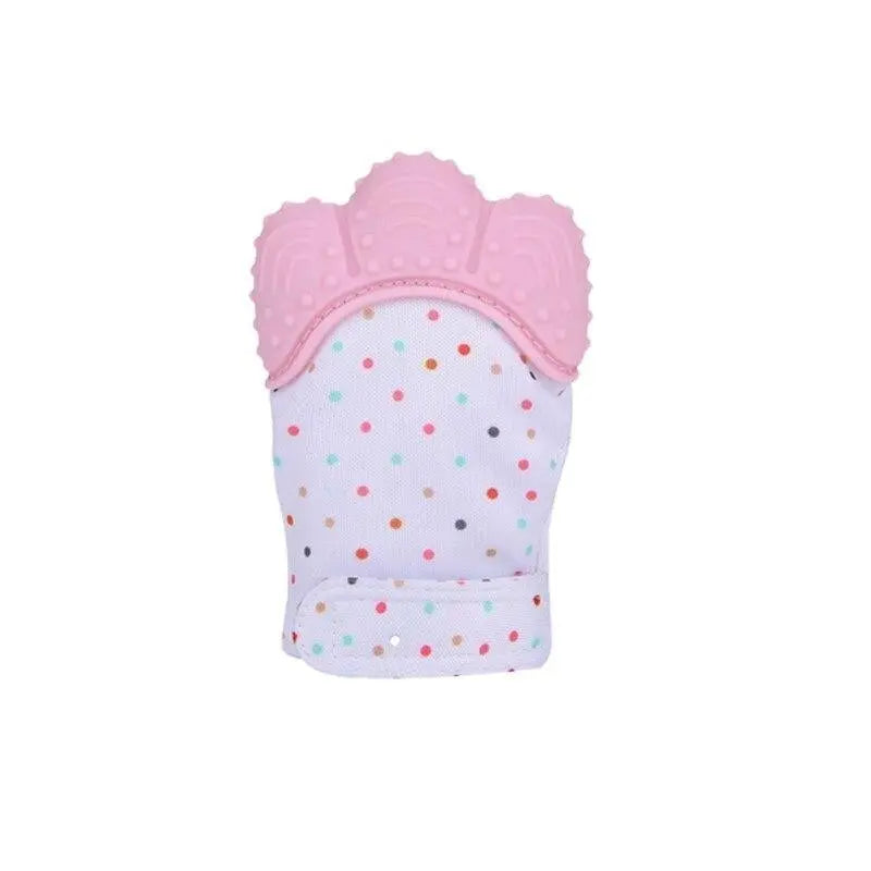 Baby Essentials-4 baby teething glove with soft mitten design, featuring textured surface for soothing baby’s gums during teething.