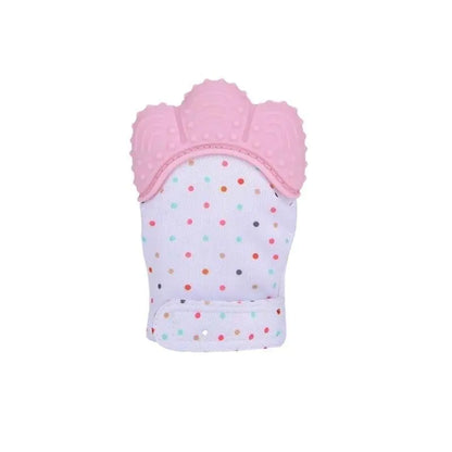 Baby Essentials-4 baby teething glove with soft mitten design, featuring textured surface for soothing baby’s gums during teething.