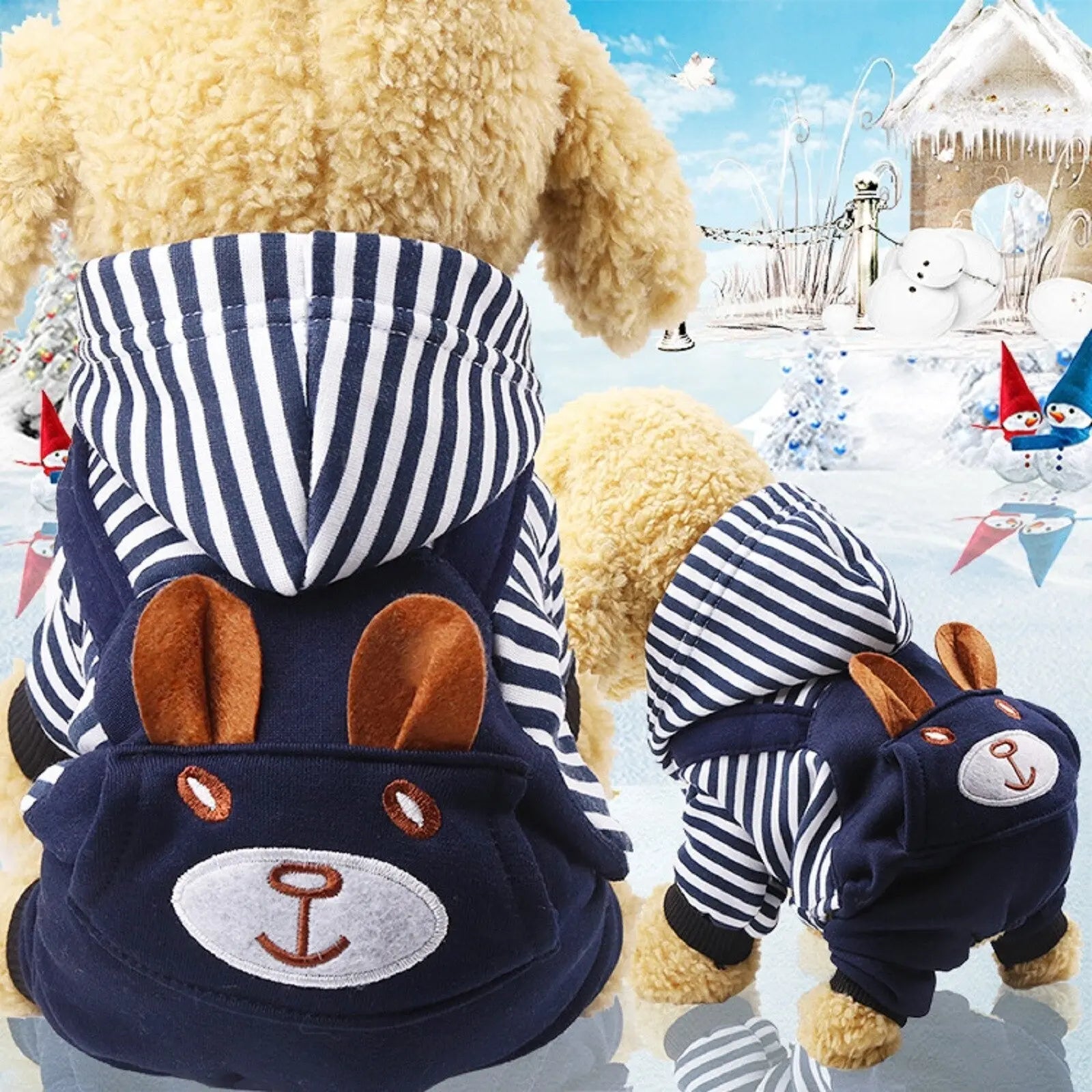 Pet Essentials-11 striped dog hoodie winter outfit with red, white, and navy stripes, featuring a cozy hood and comfortable fit.