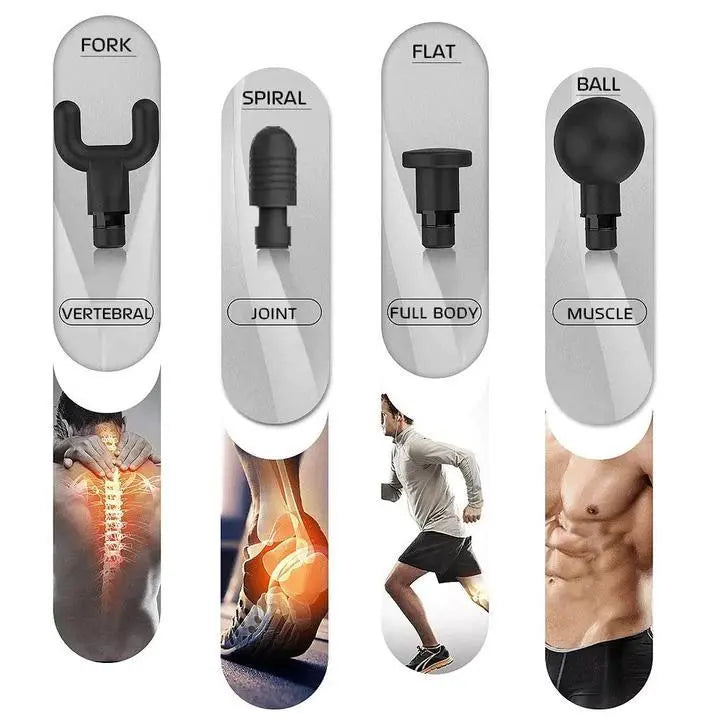 Fitness-6 Power Pulse Massage Gun showing a handheld device with multiple attachment heads on a white background
