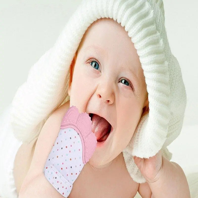 Baby Essentials-4 teething glove mitten with soft silicone teether for soothing baby gums during teething.