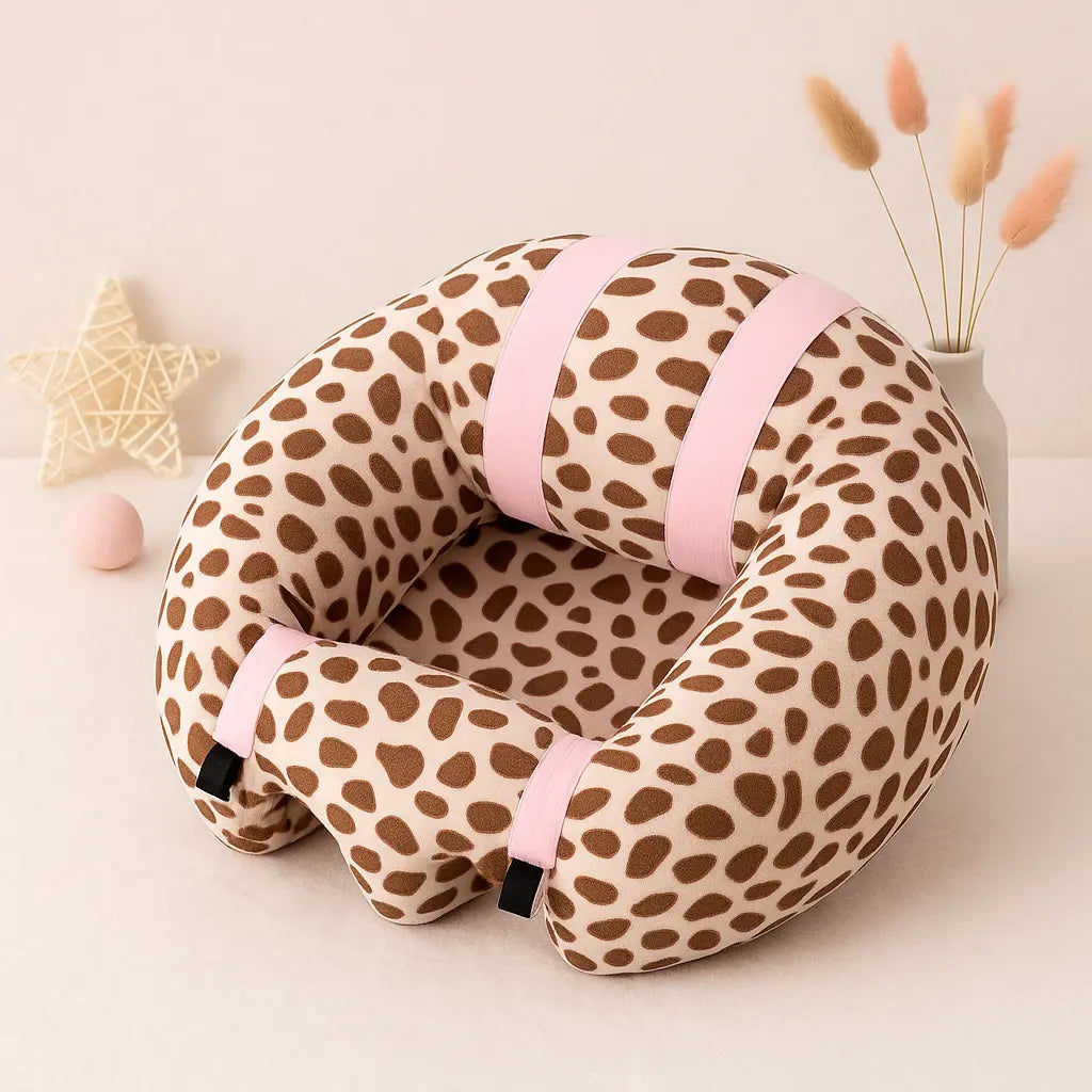 Baby Essentials-4 soft sit-up support seat for babies, with cushioned fabric and adjustable safety straps for comfortable seating.