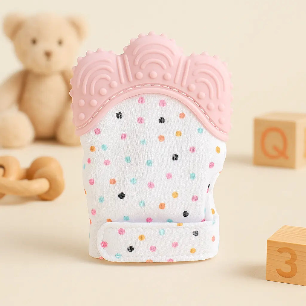 Baby Essentials-4 teething glove, soothing mitten toy for babies to chew and soothe gums during teething.