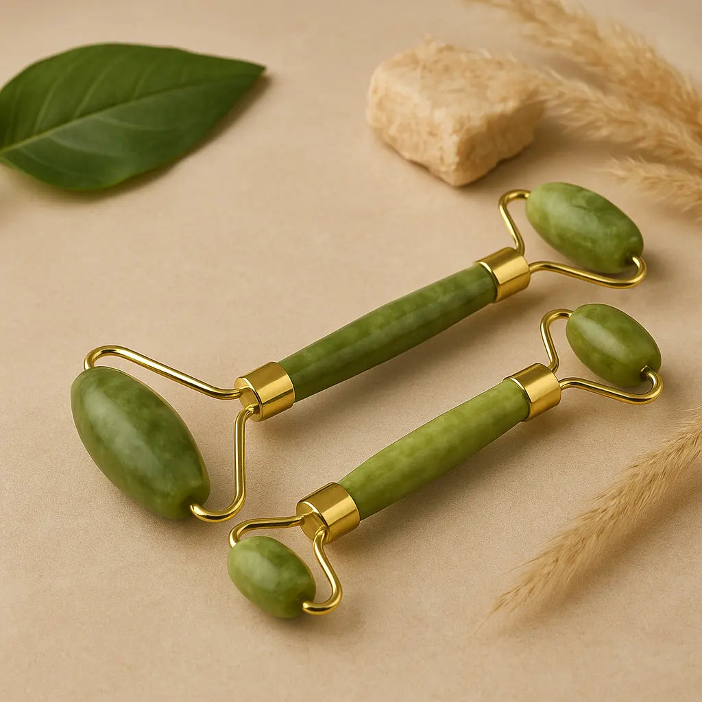 Double head jade face roller by Health & Beauty-5, showing a smooth jade stone facial roller with dual rollers for skin massage.