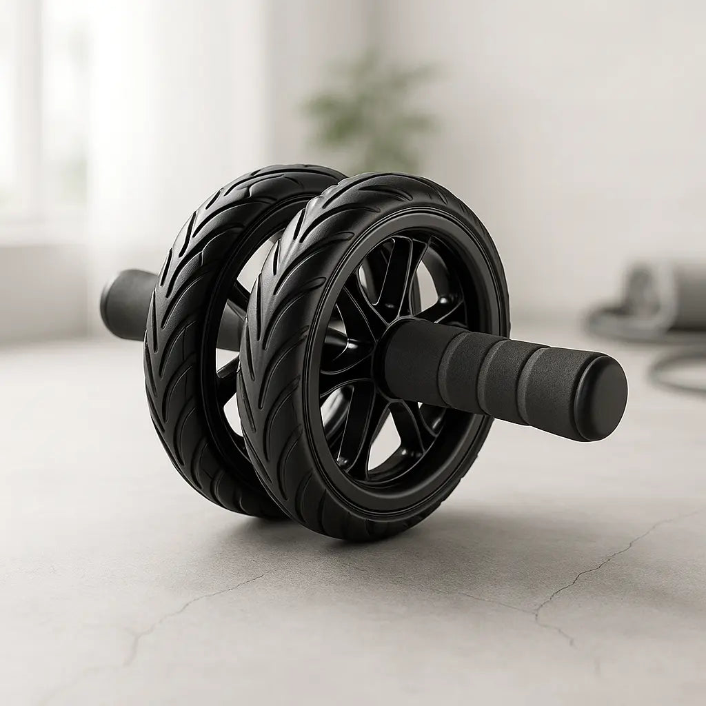 Fitness-6 double wheel ab roller trainer showing two wheels and foam handles for core workouts and abdominal exercises.