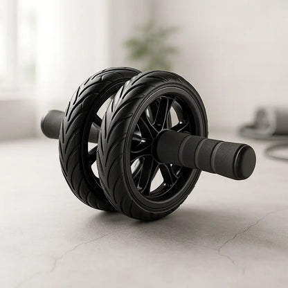 Fitness-6 double wheel ab roller trainer showing two wheels and foam handles for core workouts and abdominal exercises.