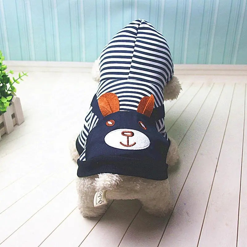 Pet Essentials-11 striped dog hoodie in winter outfit, featuring cozy fabric and colorful striped pattern on a small dog.