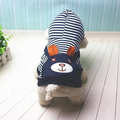 Pet Essentials-11 striped dog hoodie in winter outfit, featuring cozy fabric and colorful striped pattern on a small dog.