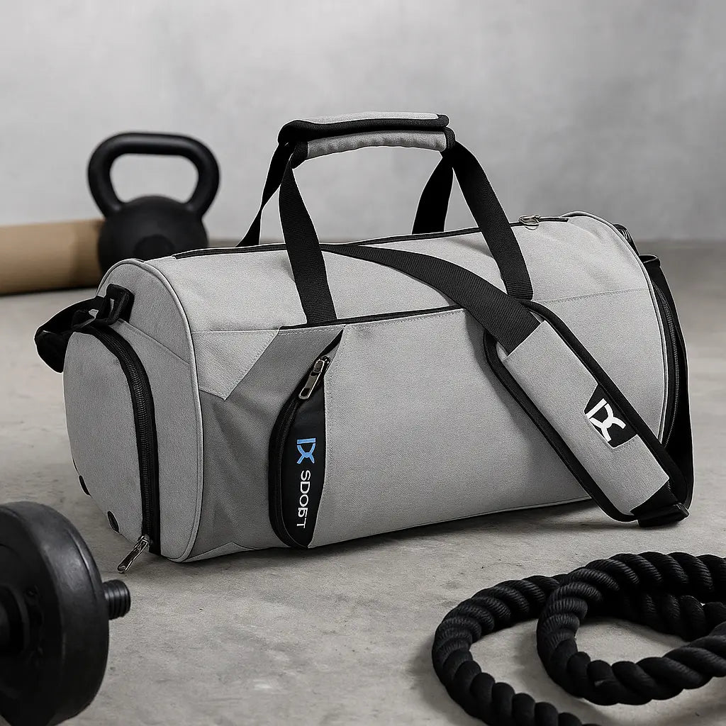 Men's fitness and travel duffel bag by Fitness-6, featuring spacious compartments and durable design for gym and travel use.