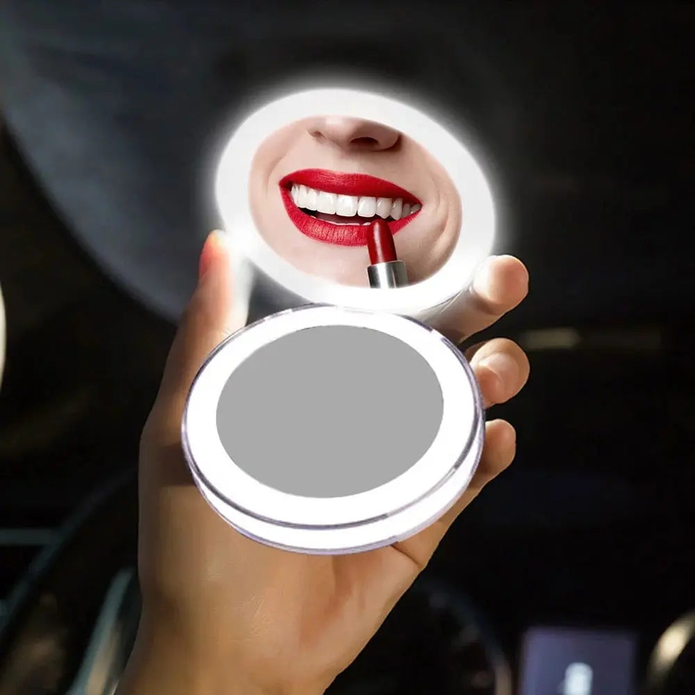 Rechargeable LED handheld makeup mirror by Health & Beauty-5, portable foldable travel mirror with built-in LED lighting.