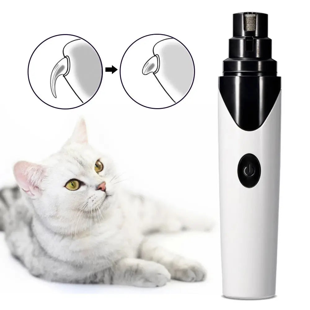 Rechargeable Pet Essentials-11 nail clipper with electric grinder for dogs and cats, showing the device and pet paws in grooming.