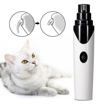 Rechargeable Pet Essentials-11 nail clipper with electric grinder for dogs and cats, showing the device and pet paws in grooming.
