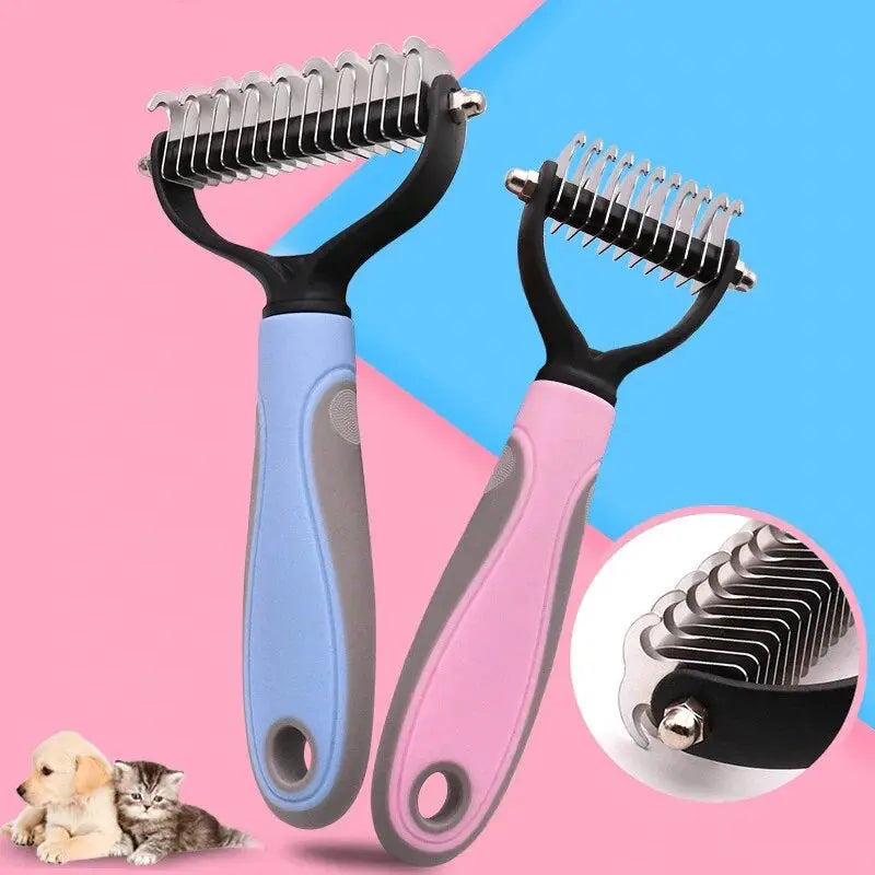 Pet Essentials-11 pet fur knot remover comb for dogs and cats, double-sided grooming tool for shedding and hair removal.