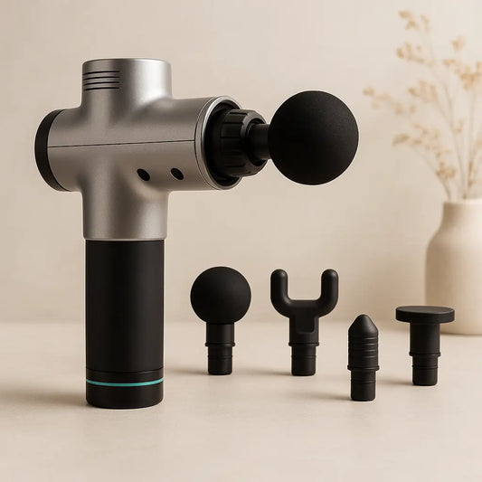Fitness-6 Power Pulse Massage Gun with ergonomic design and multiple attachment heads for muscle relief and relaxation.
