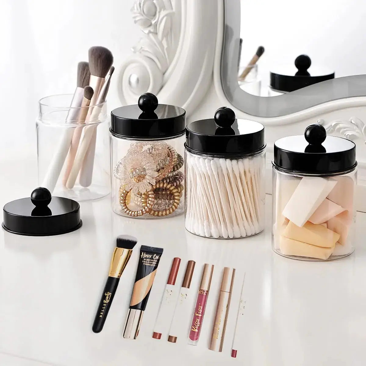 Bathroom Vanity Storage Organizer Set -- Farmhouse Decor Qtip Holder for Cotton Swabs,Makeup Sponges,Flossers,Paper Clips Zenn Organics Inc