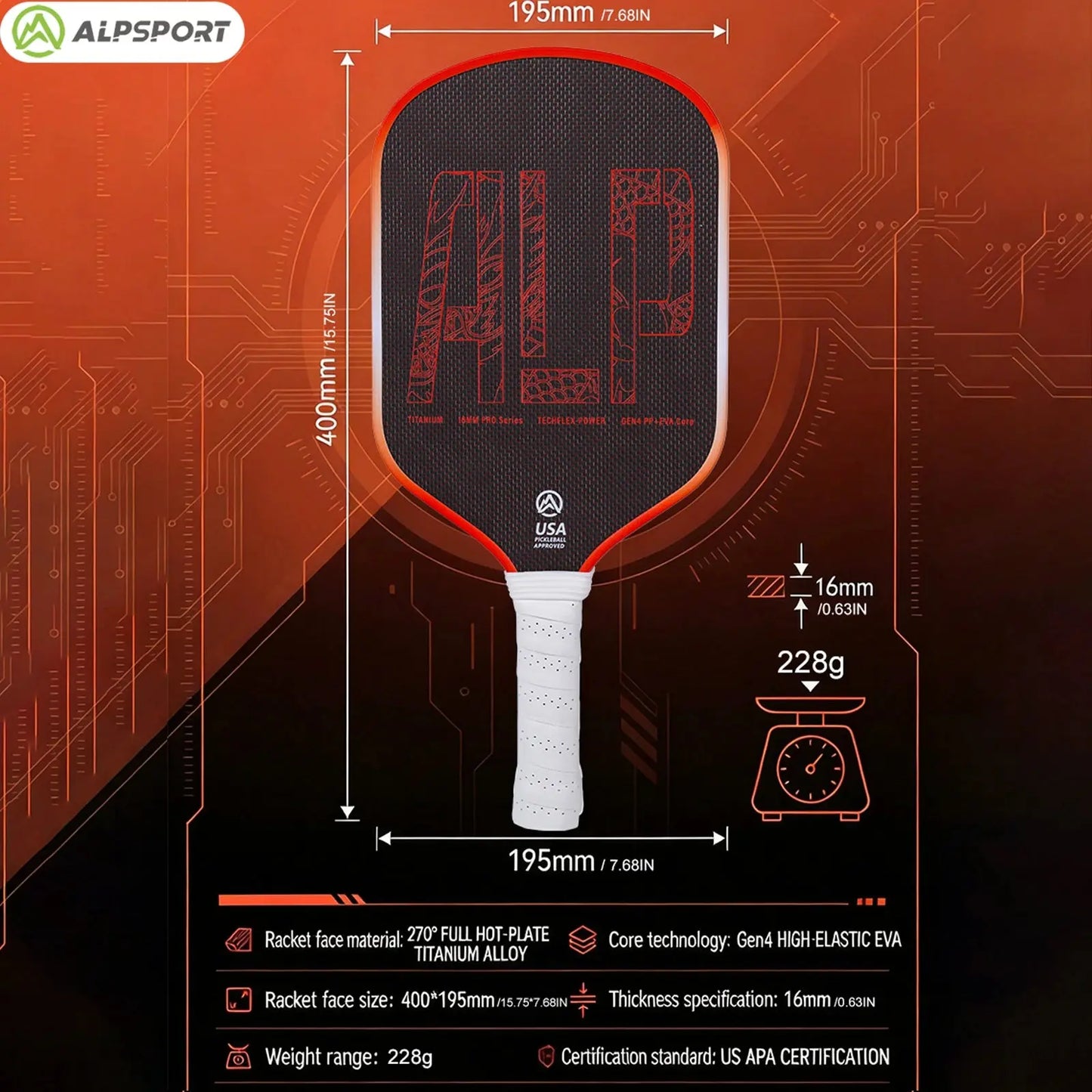 ALPSPORT Draca Pickleball Paddle 16mm Gen4 Core Thermoformed Titanium Alloy T800 Carbon Fiber Increases Spin & Power Zenn Organics Inc