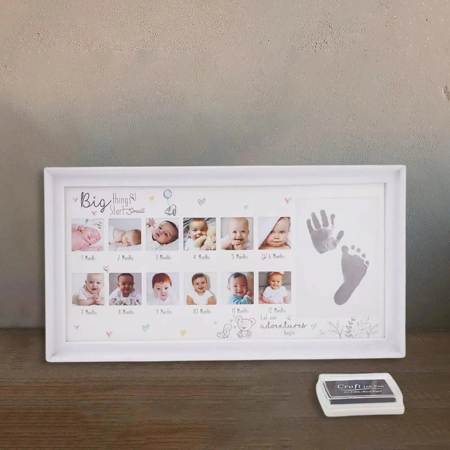 Baby Photo Frame Newborn DIY 0-12 Month Kids Gift My First Year Baby Shower Picture Frame with Ink Pad Footprint & Handprint Zenn Organics Inc