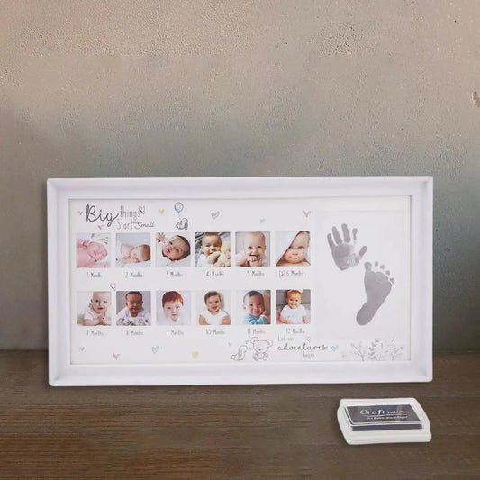 Baby Photo Frame Newborn DIY 0-12 Month Kids Gift My First Year Baby Shower Picture Frame with Ink Pad Footprint & Handprint Zenn Organics Inc