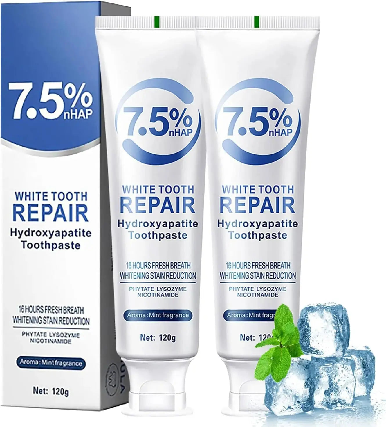 Zenn Organics Inc whitening toothpaste with hydroxyapatite, showing a tube with fresh mint flavor for brightening and plaque removal.