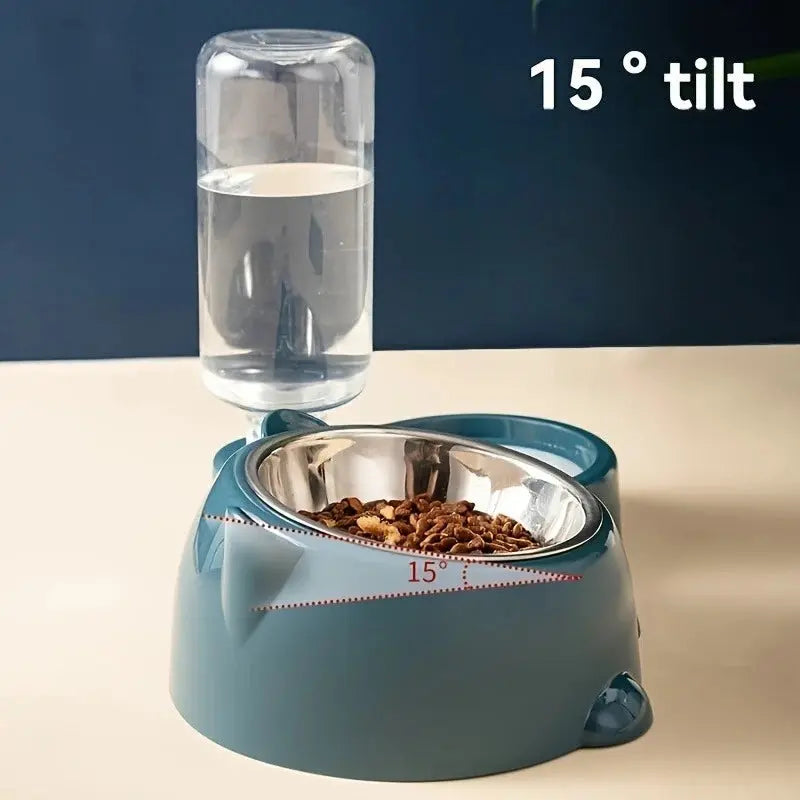 Automatic pet feeder and water dispenser by Zenn Organics Inc, with a slanted mouth for easy feeding for cats and dogs