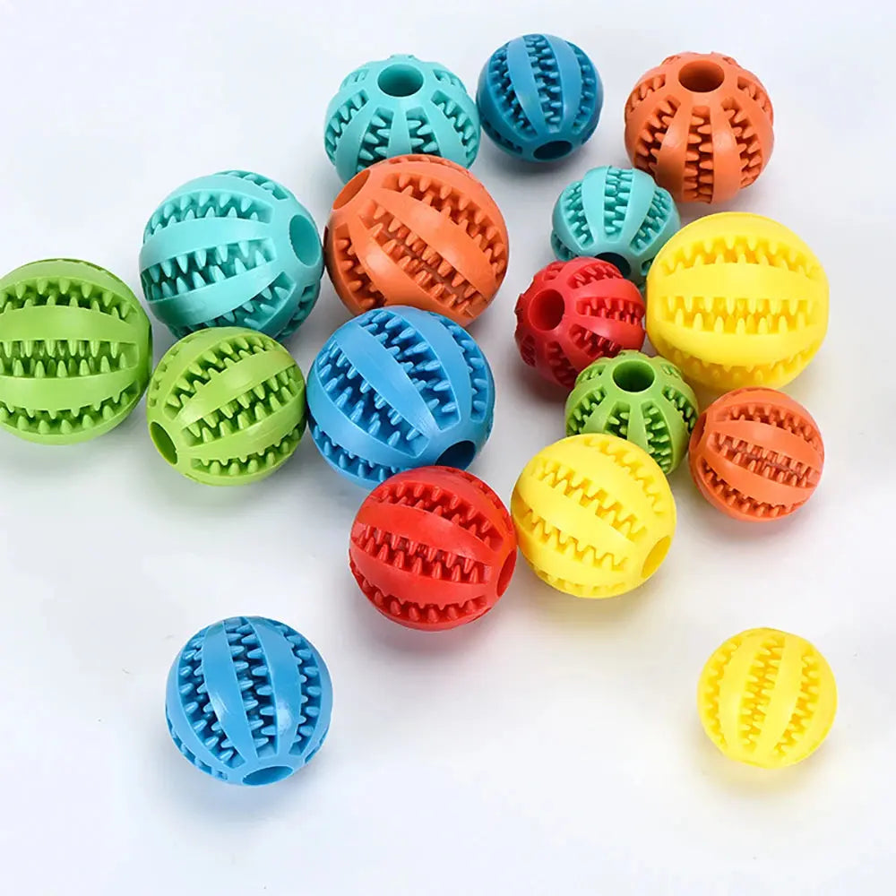 Small dog rubber chew toy with elastic food ball design, interactive pet toy for teeth cleaning by Zenn Organics Inc