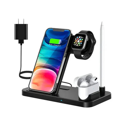 Zenn Organics Inc 4-in-1 wireless charging station with stand for smartphones, AirPods, and smartwatch on a modern desk setup