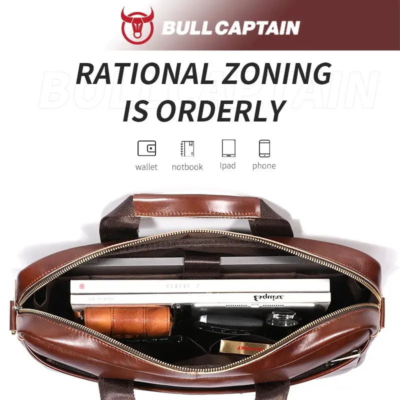 BULLCAPTAIN Leather Laptop Bag, Top Layer Leather 15" Laptop Bag Men's Laptop Briefcase Briefcase Work Business Travel Bag 053 Zenn Organics Inc