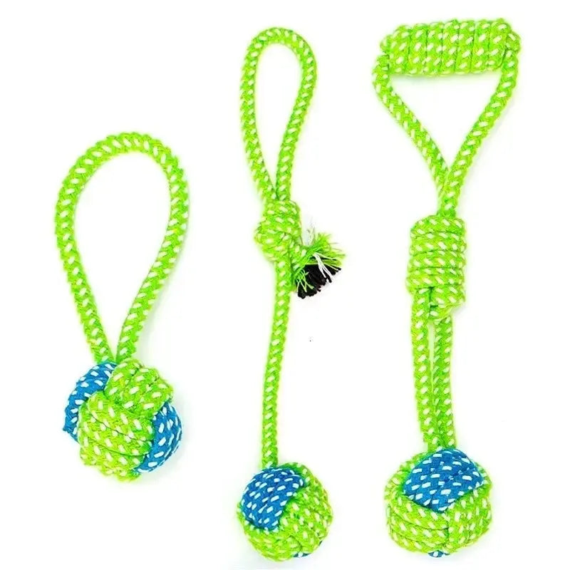 Zenn Organics Inc pet dog toys including cotton rope and small rubber ball for large and small dogs, suitable for chewing and play.