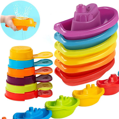 Colorful baby bath toys including stacking boat, spoons, and folding tower from Zenn Organics Inc, designed for early learning and fun.